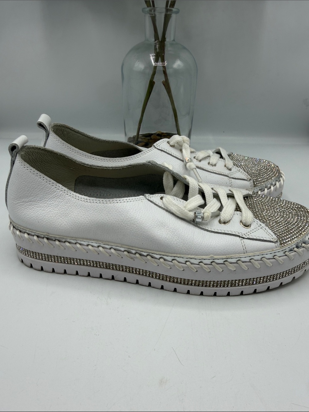 Women's White Crystal-Toe Leather Sneakers - Picture 5 of 12